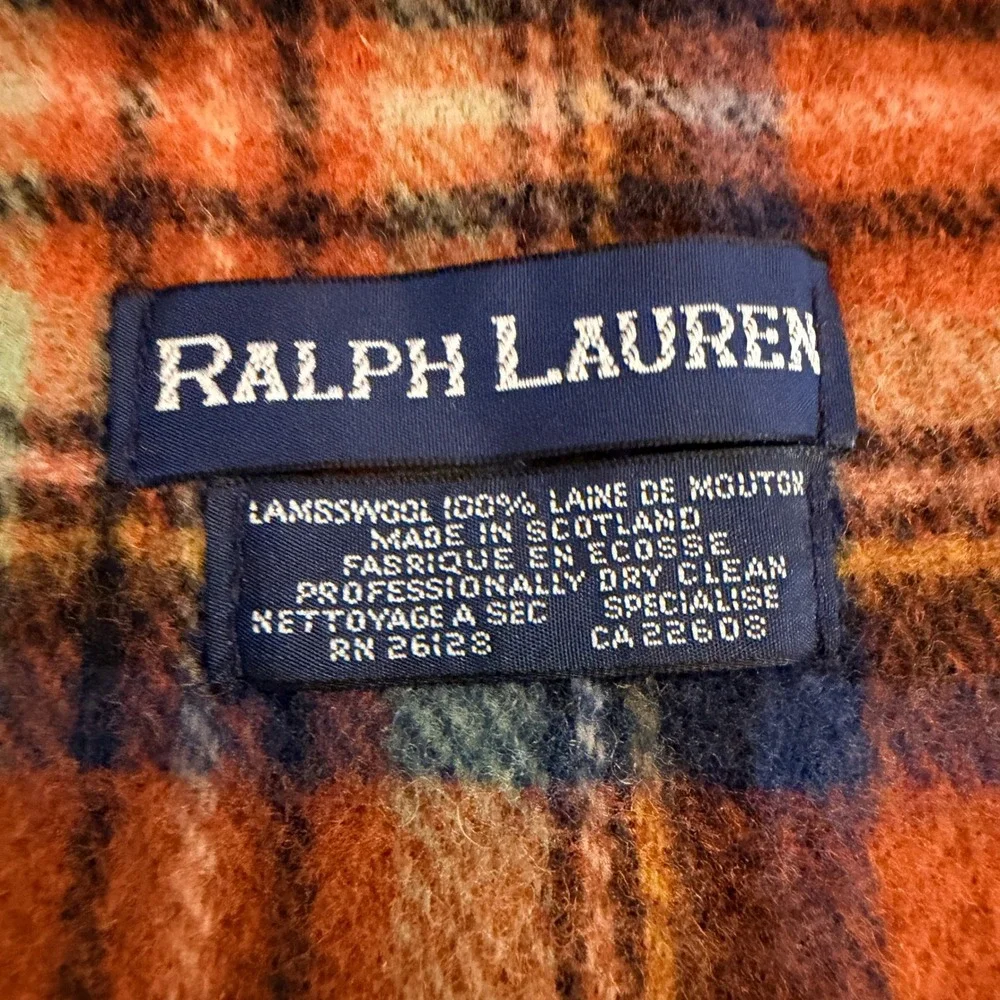 Vintage Ralph Lauren Scarf 80s Lambswool Orange Plaid Scotland Polo Pony FLAWED